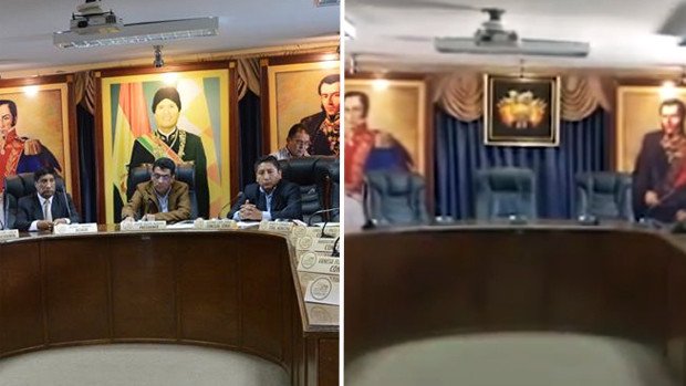 La sala se sesiones antes y ahora. Fotos: Concejo Municipal y Red Uno.