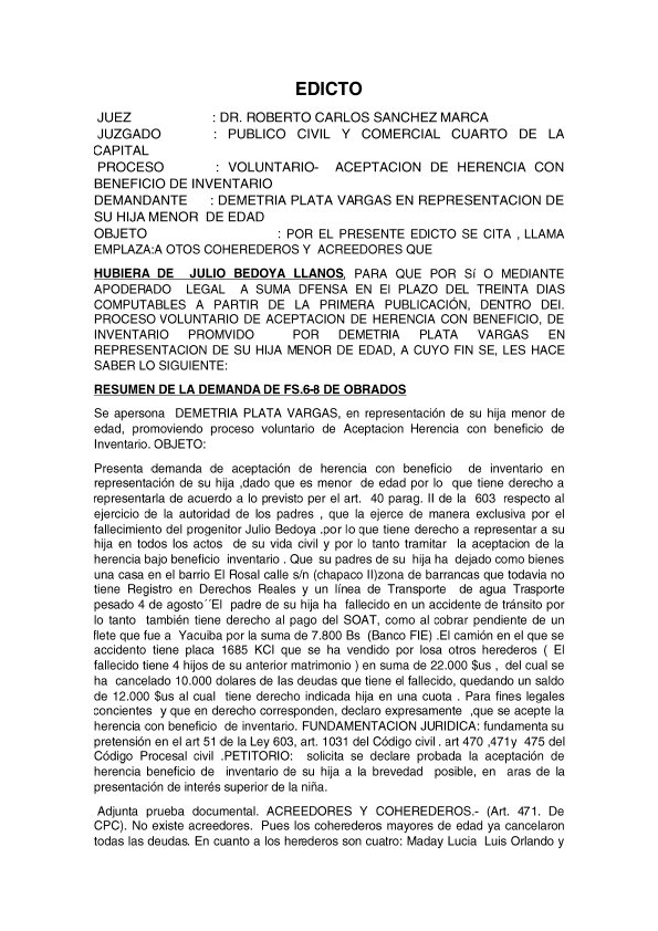 DEMETRIA PLATA VARGAS EN REPRESENTACION DE SU HIJA MENOR DE EDAD